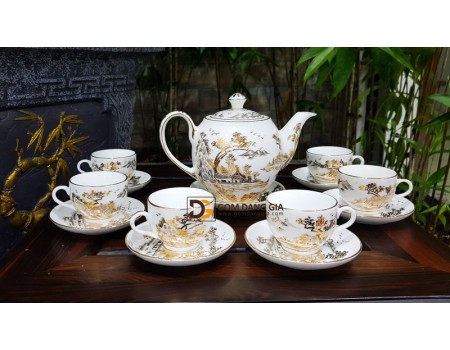 Bộ ấm chén dáng minh long vẽ sơn thủy Bộ ấm chén dáng minh long vẽ sơn thủy